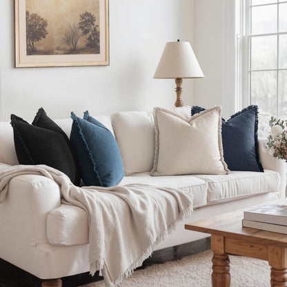 Christmas Decorative Couch Pillow Covers Neutral Linen Fringe Throw Pillows Set of 4 Boho Farmhouse Cushion Modern Pillowcases for Bed Sofa Living Room Home Decor 18X18 Inch Beige/Coastal Blue