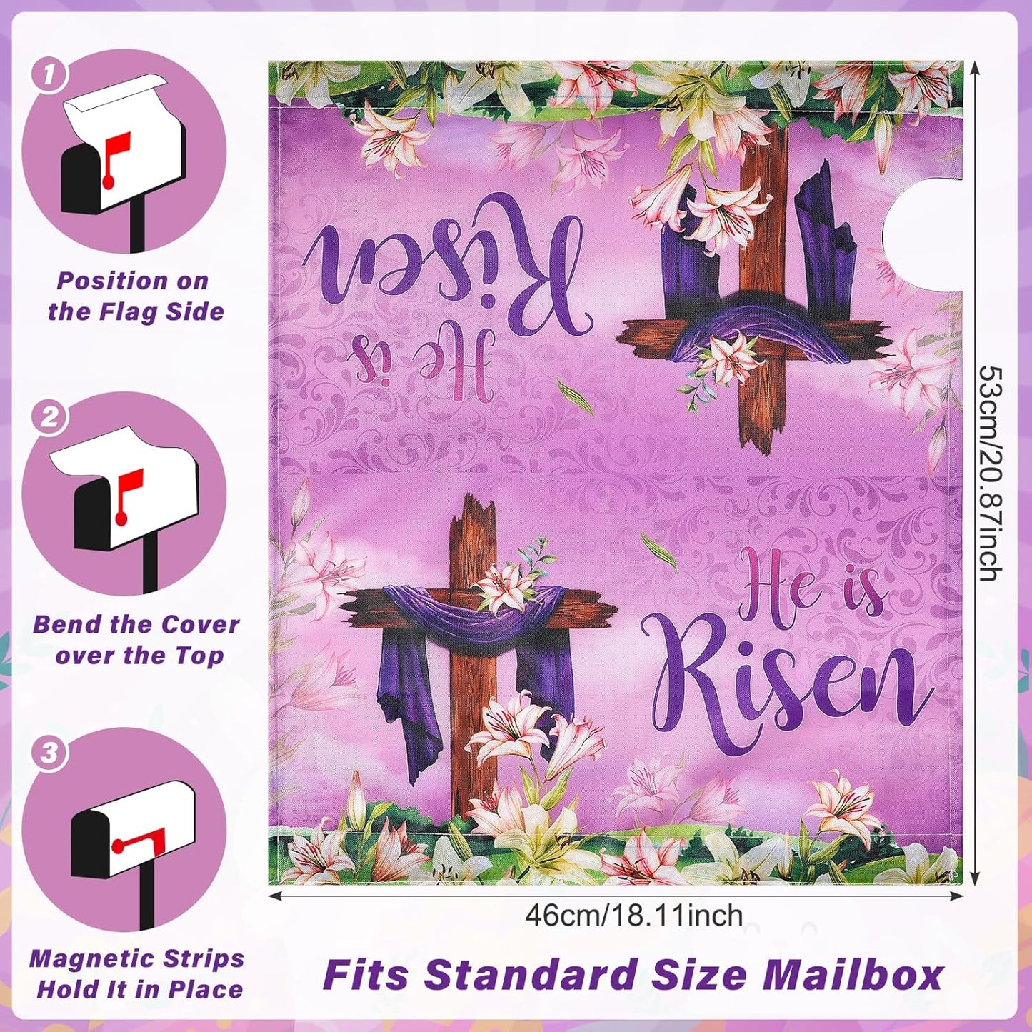 He Is Risen Easter Mailbox Covers Magnetic Standard Size 21X18 Inch, Spring Lily Floral Easter Decorative Mailbox Wraps Post Letter Box Cover for Farmhouse Home Yard Garden Decorations