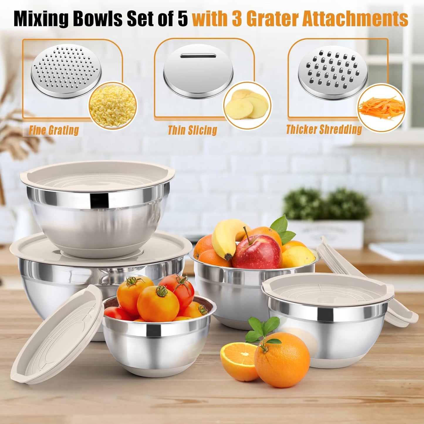 Mixing Bowl with Lid Set, 5 Piece Stainless Steel Mixing Nesting Bowls for Salad Storage, 3 Grater Attachments & Non-Slip Bottoms, Size 1/1.5/2 / 2.6/4.6 QT, Khaki