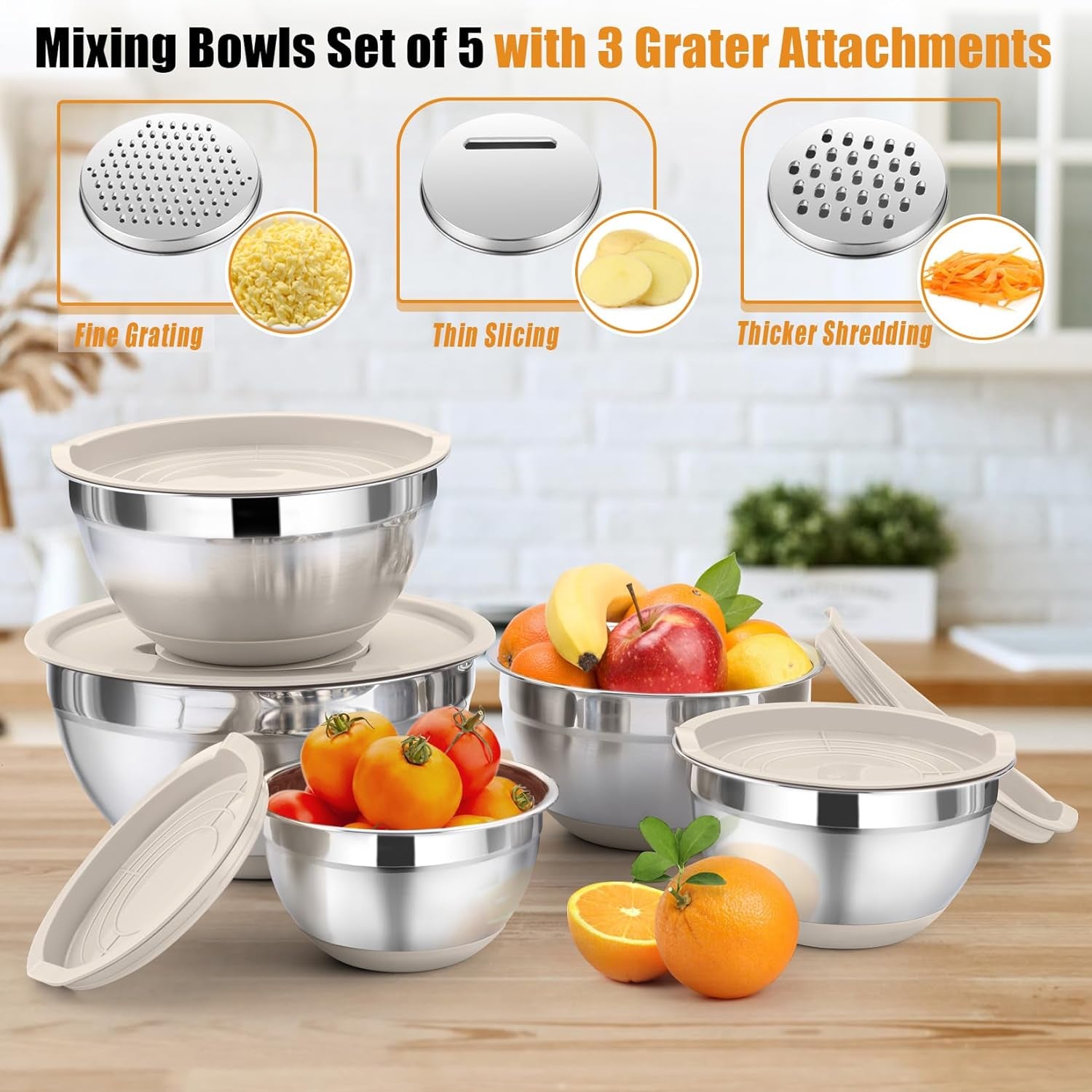 Mixing Bowl with Lid Set, 5 Piece Stainless Steel Mixing Nesting Bowls for Salad Storage, 3 Grater Attachments & Non-Slip Bottoms, Size 1/1.5/2 / 2.6/4.6 QT, Khaki