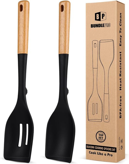 Pack of 2 Large Silicone Cooking Spoons, Heat Resistant Non Stick Kitchen Utensils with Wooden Handle, Ideal for Mixing, Stirring, Serving, Cooking(Black)