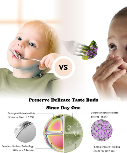 Stainless Steel Kids Plates 4 Packs, Deepened 9" Portion Control Plate Divided Plate for Toddlers Bigger Appetite, Non Toxic Unbreakable Metal Lunch Dishes, Colorful