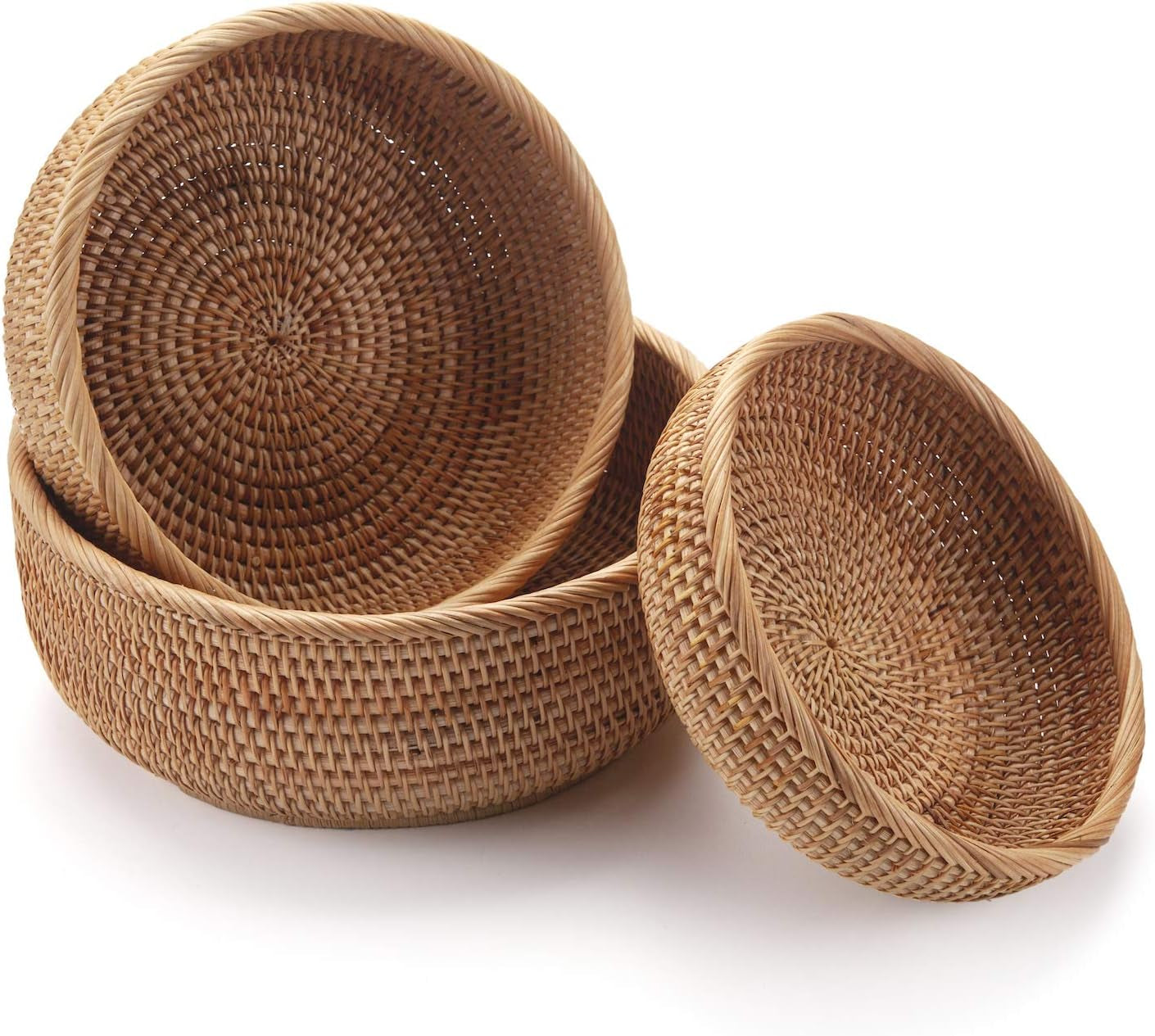Round Rattan Fruit Baskets Woven Storage Bowls Key Holder Stackable for Shelf Kitchen Tabletop Natural Set of 3