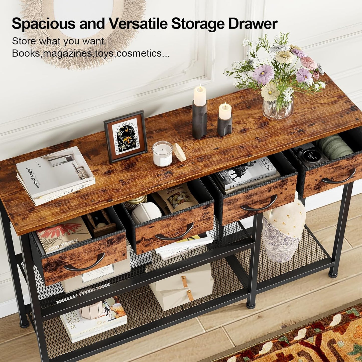 47-Inch Industrial Entryway Console Table with Four Fabric Drawers and Metal Mesh Shelf, Rustic Brown Wooden Top and Sturdy Metal Frame