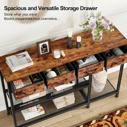 47-Inch Industrial Entryway Console Table with Four Fabric Drawers and Metal Mesh Shelf, Rustic Brown Wooden Top and Sturdy Metal Frame