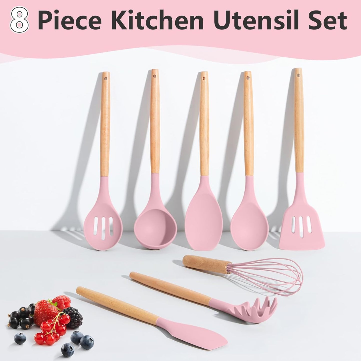 Silicone Cooking Utensils Set, 8-Piece Kitchen Cooking Utensil with Wooden Handle, Silicone Spatula for Nonstick Cookware, Heat-Proof & Easy Clean, Pink