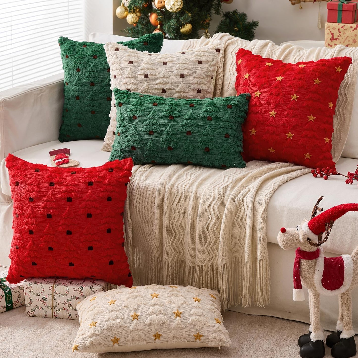 Christmas Tree Decorative Pillow Covers Faux Fur Wool Throw Pillows Soft Plush Cushion Covers Set of 2 Xmas Home Decor Winter Holiday for Sofa Couch Livingroom Bed 18X18 Inch Red