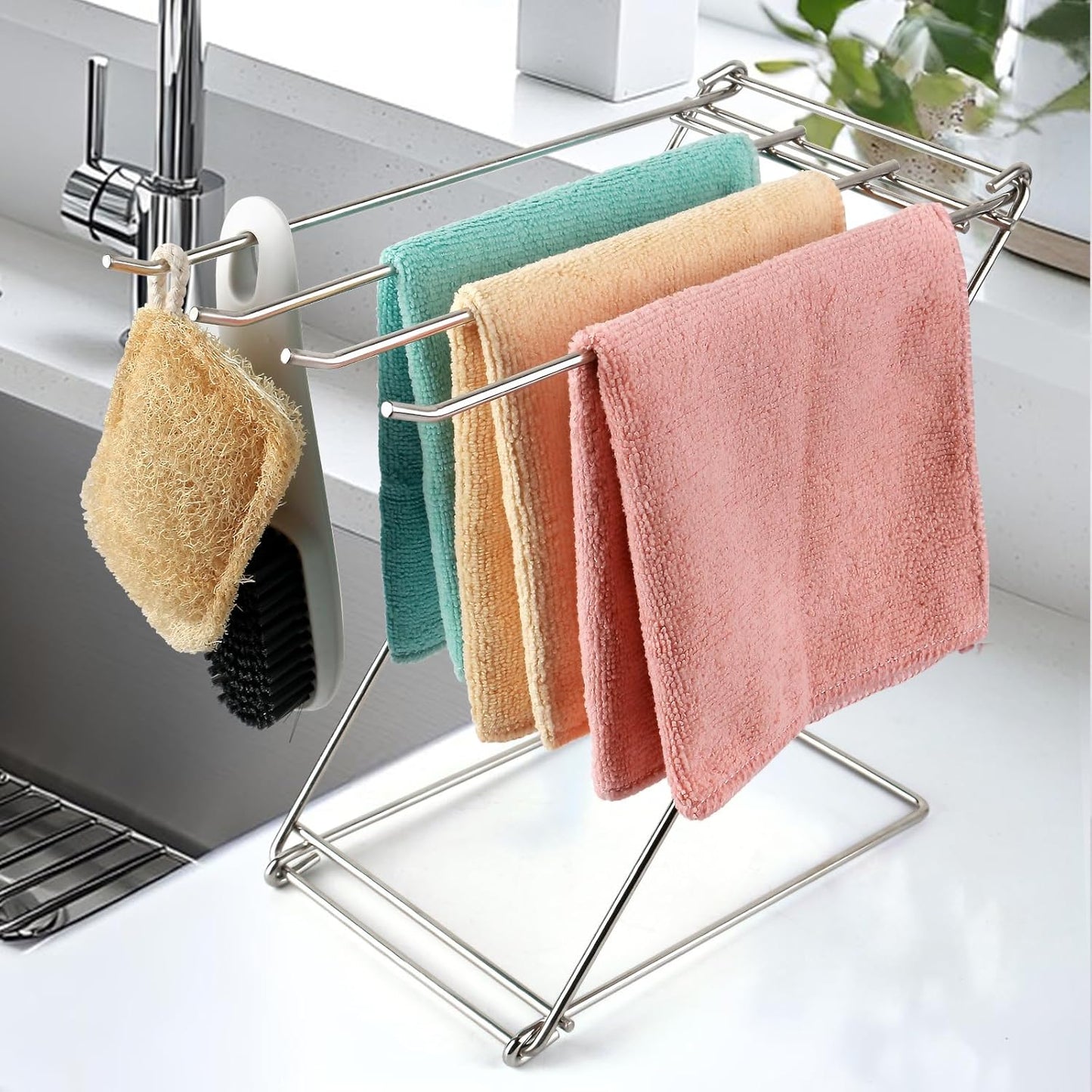 Kitchen Towel Holder Stand, 4-Arm Dish Towel Holder Countertop Towel Drying Rack for Bathroom, Free Standing Hand Towel Stand Washcloth Dish Cloth Drying Rack,