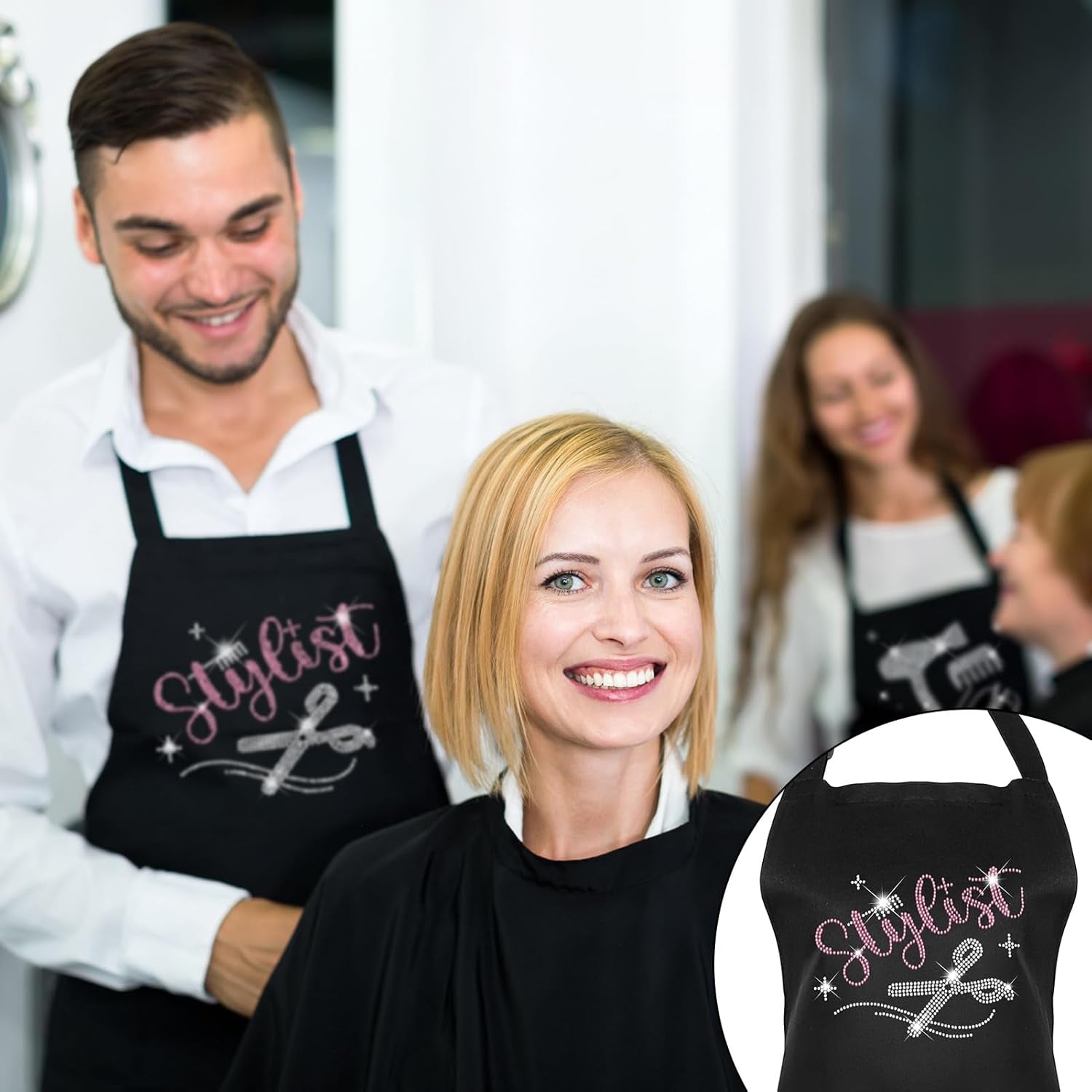 Auidy 6TXD 2Pcs Black Rhinestone Hair Stylist Apron, Classic Design with Three Pockets, Adjustable, Waterproof, Unisex-Adults