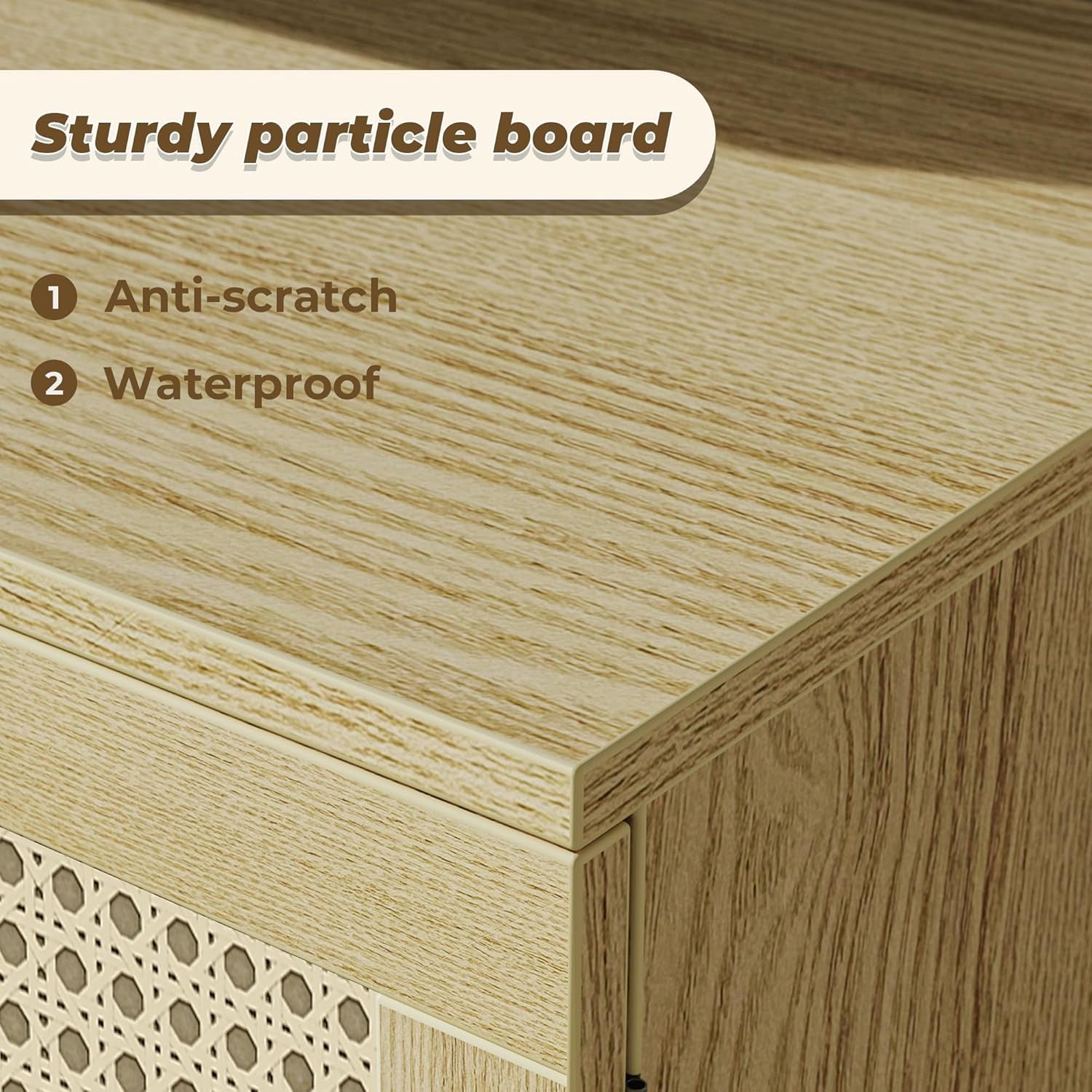 Bohemian-Style TV Stand for 65-Inch TVs, Adjustable Shelf Entertainment Center with Rattan Design, Dual Cabinets, Solid Wood Legs, Media Console with 4 Cord Management Holes - Natural Finish