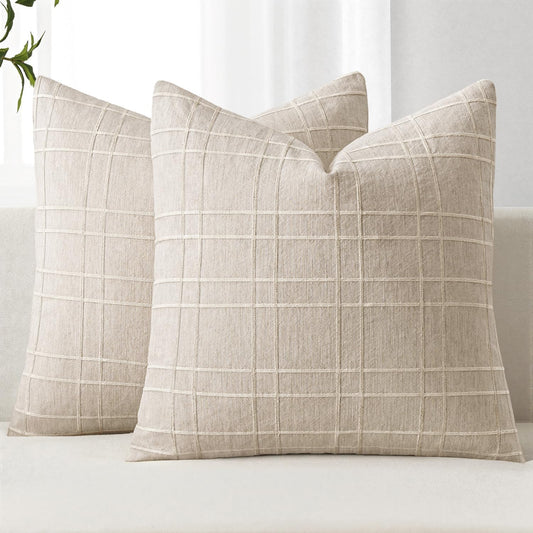 Decorative Linen Check Throw Pillow Covers Neutral Farmhouse Vintage Pillow Covers 18X18 Inch Set of 2 Boho Modern Home Decor for Sofa Couch Bedroom Cushion Chair Natural Beige