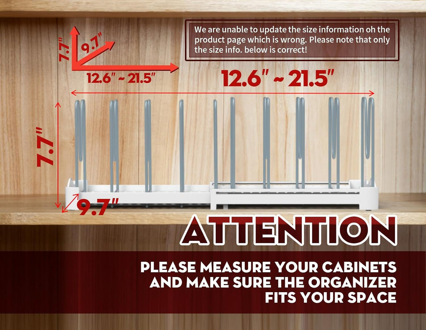 Adjustable Bakeware Organizer Pot Lid Holder Rack for Pots, Cake Molds, Cutting Boards, Mats, Cookware, GS02SS, 7.7'' Deep by 12.6'' to 21.5'' Wide