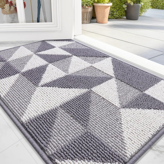 Door Mat Indoor Entrance Washable 32X20, Odor-Free Low-Profile Front Back Geometric Doormat, Absorbent Resist Dirt Entry Carpet, Easy to Clean Sturdy inside Floor Mats for Entryway, Grey