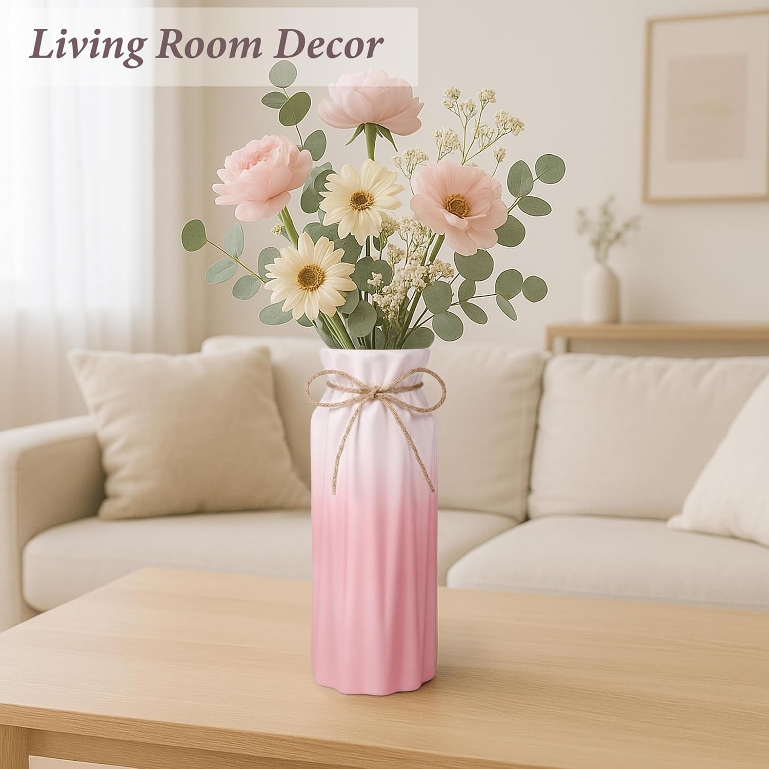 Gradient Pink Ceramic Bow Vase, Flower Vases Minimalism Style for Modern Home Decor, Decorative Vase for Living Room, Coffee Table, Office, Bookshelf and Farmhouse Table