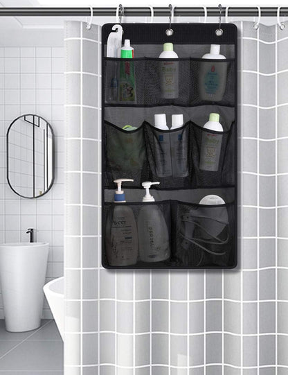 Mesh Shower Caddy Hanging Bathroom Organizer Storage with 2 Large Pockets 3 Rings Hang Curtain Rod for Dorm Cruise RV, Black