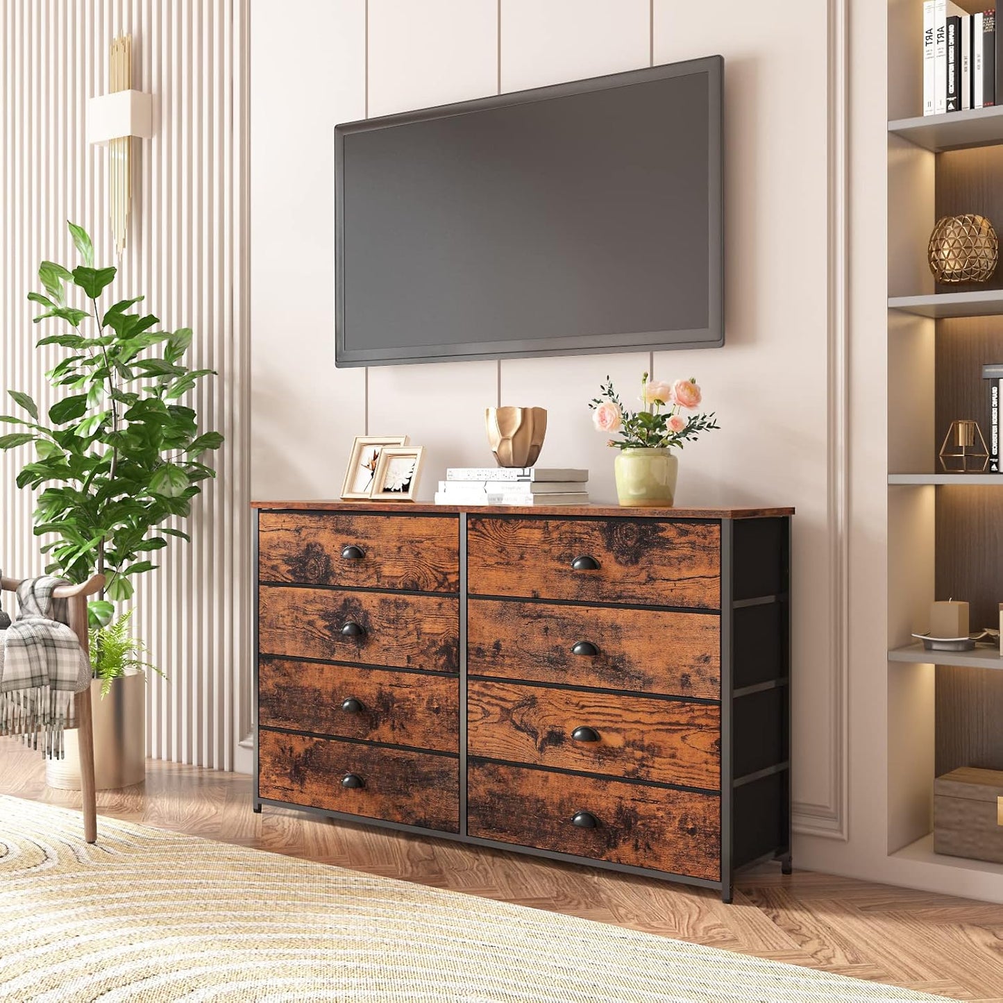 Rustic Brown Long Dresser and TV Stand for 55'' TV with 8 Fabric Bins - Versatile Storage Unit for Bedroom, Office, Dorm, Closet, and Entryway