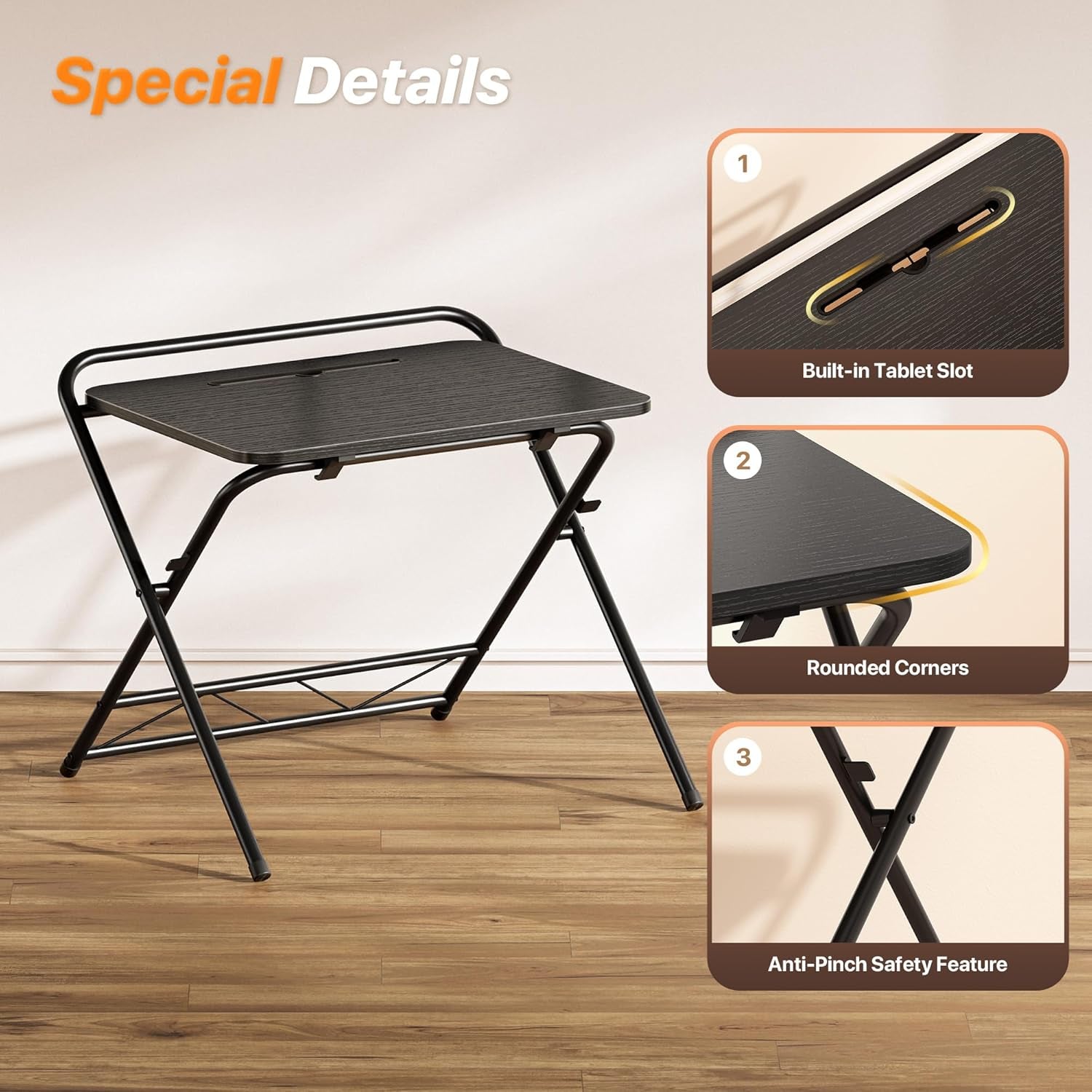 Adjustable Height Folding Desk with Tablet Slot, 24-Inch Space-Saving Computer Desk for Home Office, Bedroom, and Study, Black