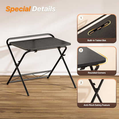 Adjustable Height Folding Desk with Tablet Slot, 24-Inch Space-Saving Computer Desk for Home Office, Bedroom, and Study, Black