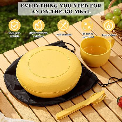 Compact Camping Mess Kit with Bowl, Plate, Cup, Spoon, Fork, Knife, and Carry Bag - Space-Saving, Portable Plastic Utensils for Travel, Picnics, and Outdoor Activities (Gold Yellow)