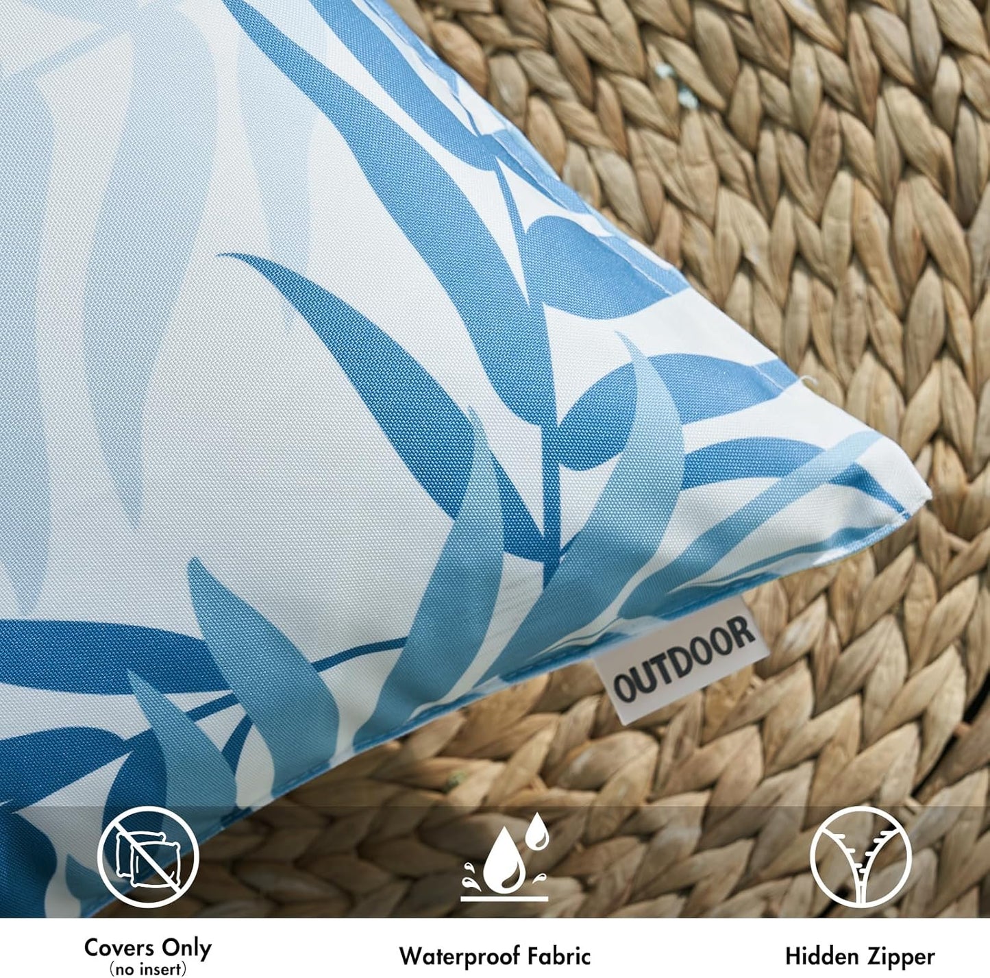 Pack of 2 Decorative Outdoor Waterproof Throw Pillow Covers Patio Pillow Cases Natural Leaves Pattern Spring Square Cushion Shams Shell for Garden Balcony Couch 20X20 Inch, Light Blue