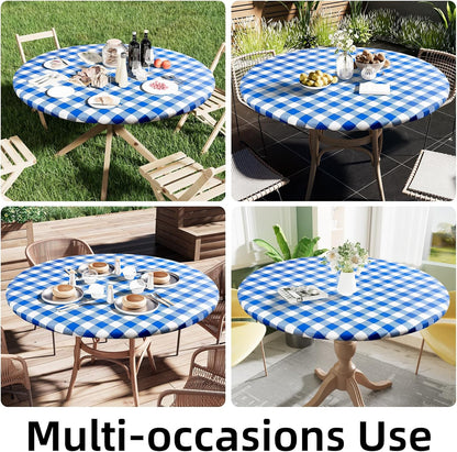 round Picnic Tablecloth, Elastic Waterproof Fitted Vinyl Tablecloths for 36"-44" Tables, Flannel Backed Buffalo Plaid Table Cover for Dining, Camping, Outdoor, White and Blue