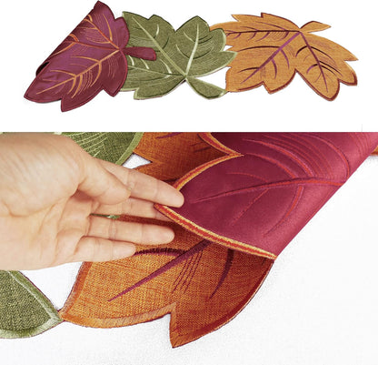 Thanksgiving Leaves Table Runners, Fall Decor for Home, 13 Inch X 36 Inch, Embroidered Harvest Maple Leaf Decoration for Autumn, Farmhouse Centerpieces with Applique Red Green Orange Leaves