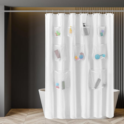Water Repellent Fabric Shower Curtain or Liner with 9 Mesh Pockets - White, 71X72 Inches