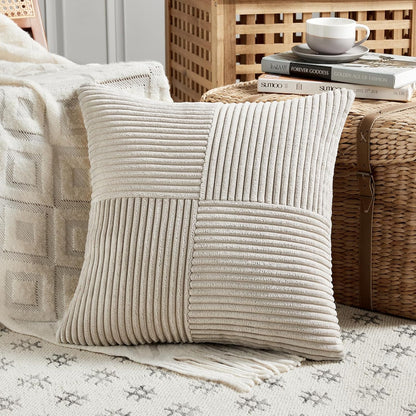 2 Packs Neutral Taupe Decorative Throw Pillow Covers 18X18 Inch for Living Room Couch Sofa, Rustic Farmhouse Boho Home Decor, Soft Corss Corduroy Patchwork Textured Square Cushion Case 45Cm