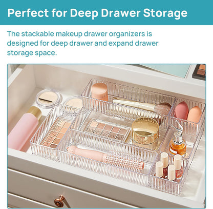 7 PCS Clear Drawer Organizers Bins, 4-Size Stackable Makeup and Vanity Drawer Organizer Trays, Acrylic Bathroom Drawer Storage Containers for Cosmetic, Office Supply, Kitchen Utensils Gadgets