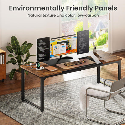 63" x 24" Heavy-Duty Computer Desk with Power Outlets & USB-C, Enhanced Desktop Thickness, Sturdy Metal Frame, Ideal for Home Office and Gaming, Rustic Brown and Black Finish