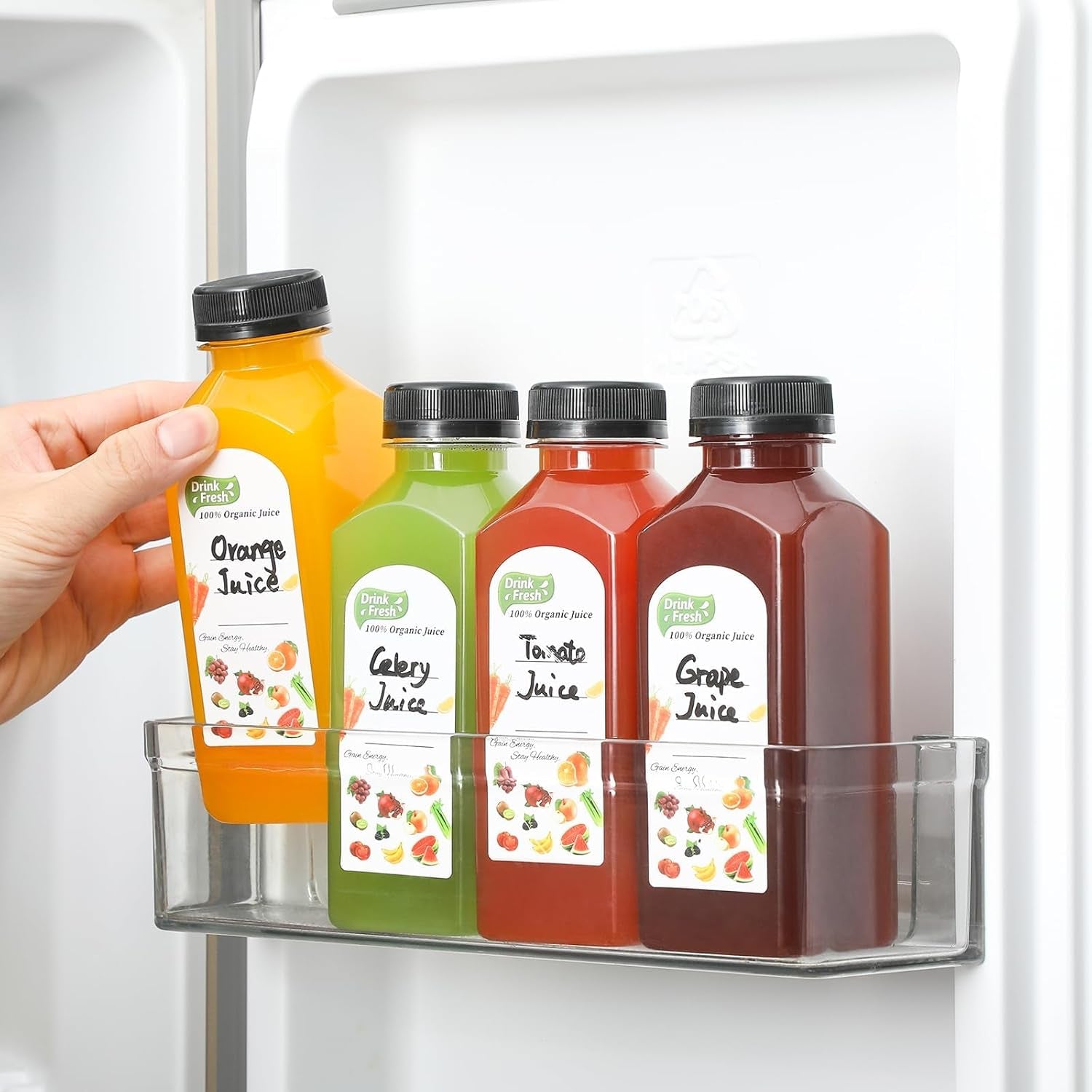 12 Pack, 12 OZ Reusable Plastic Juice Bottles with Caps, plus 12 Labels & 2 Silicone Funnels - Clear Juicing Bottles for Juice, Smoothies, Ginger, Tea, Coffee - Food Grade & Leakproof Travel Bottles