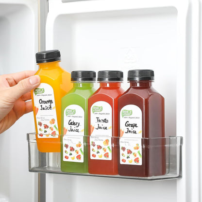 12 Pack, 12 OZ Reusable Plastic Juice Bottles with Caps, plus 12 Labels & 2 Silicone Funnels - Clear Juicing Bottles for Juice, Smoothies, Ginger, Tea, Coffee - Food Grade & Leakproof Travel Bottles