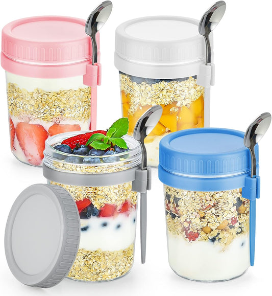 Set of 4 Leak-Proof 16 Oz Glass Mason Jars with Lids and Spoons for Overnight Oats, Cereal, Fruits, Vegetables, Milk, Salad, Yogurt, and Meal Prep