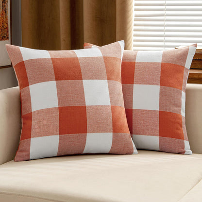 Fall Throw Pillow Covers Pack of 2 Decorative Classic Farmhouse Buffalo Check Plaids Polyester Linen Soft Cushion Case for Couch Sofa Bedroom Outdoor 18 X 18 Inch, Burnt Orange