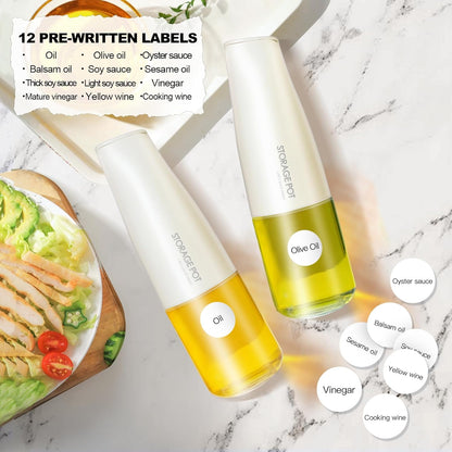 Large Capacity Olive Oil Dispenser - 500ml / 17oz Glass Vinegar Drizzler - Leak-Proof Non-Drip Soy Sauce Pourer with Labels (White)