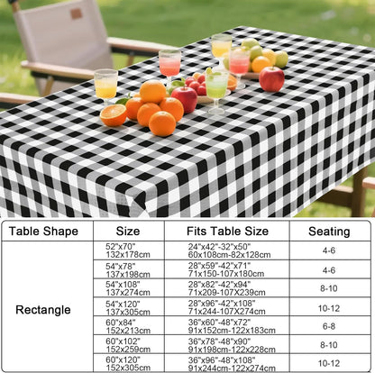 Rectangular Waterproof Vinyl Tablecloth with Flannel Backing, Wipeable Buffalo Plaid Design for Indoor and Outdoor Dining (Black & White, 60" x 84")