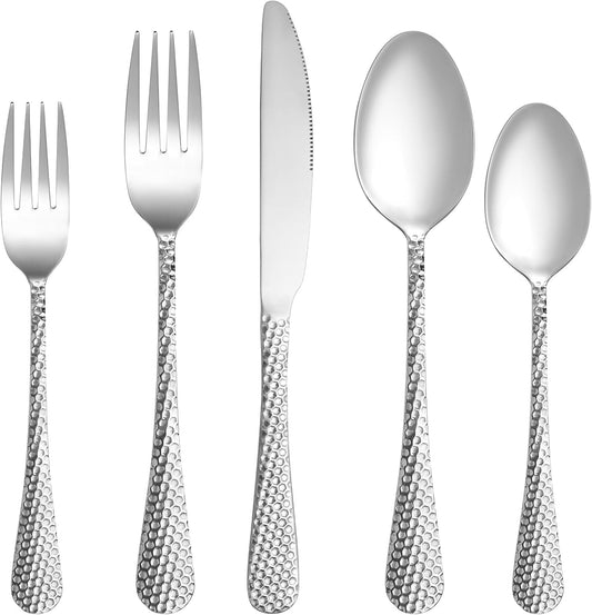 30 Pcs Hammered Silverware Set Service for 6,Stainless Steel Flatware Set,Mirror Polished Cutlery Utensil Set,Durable Home Kitchen Eating Tableware Set,Include Fork Knife Spoon Set,Dishwasher Safe