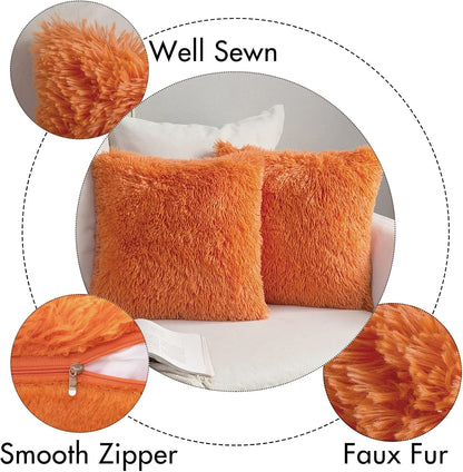 Set of 2 Fall Luxury Faux Fur Throw Pillow Cover Deluxe Decorative Plush Pillow Case Cushion Cover Shell for Sofa Bedroom Car 18X18 Inch Orange Halloween