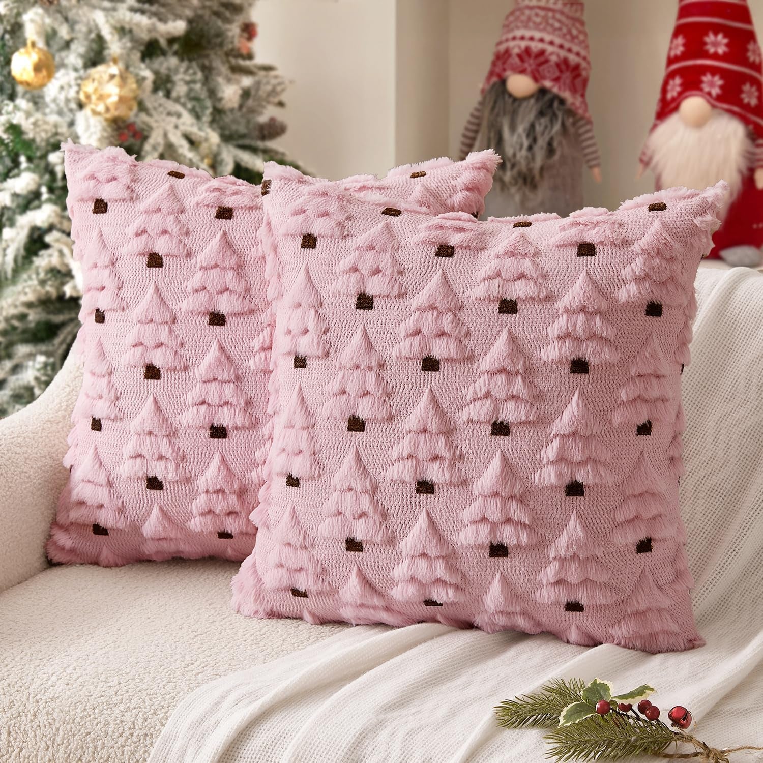 Christmas Tree Decorative Pillow Covers Faux Fur Wool Throw Pillows Soft Plush Cushion Covers Set of 2 Xmas Home Decor Winter Holiday for Sofa Couch Livingroom Bed 18X18 Inch Pink