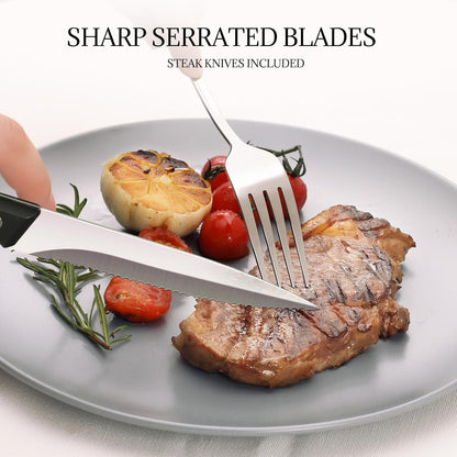 30-Pack Silverware Set with Steak Knives, Food-Grade Dishwasher Safe, Stainless Steel Utensils Set Includes Spoons Forks Knives for Home Restaurant Hotel