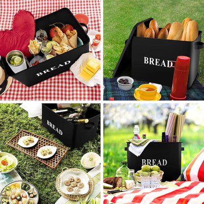 Extra Large Bread Box with Lid, Metal Bread Storage Container for Farmhouse Kitchen Countertop, 13.1” X 11.81” X 7.2” Inches for Holding 2+ Loaves, Indoor & Outdoor Use, Black