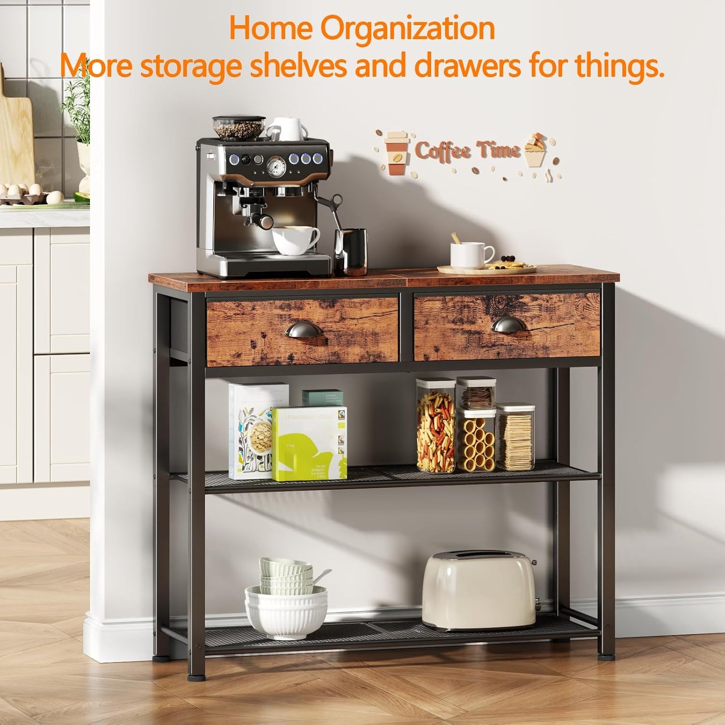 Console Sofa Table with Storage Shelf for Entry Way, Small 30'' Entryway Table with 2 Fabric Drawers, Industrial Display Shelves for Hallway, Entrance, Foyer, Rustic Brown