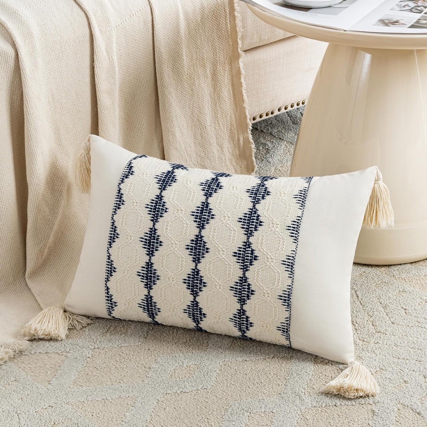 Set of 2 Navy Blue Lumbar Decorative Throw Pillow Covers 12X20 Inch for Couch Bed Sofa Living Room, Aesthetic Organic Farmhouse Home Decor, Cotton Woven Textured Cushion Case with Tassels