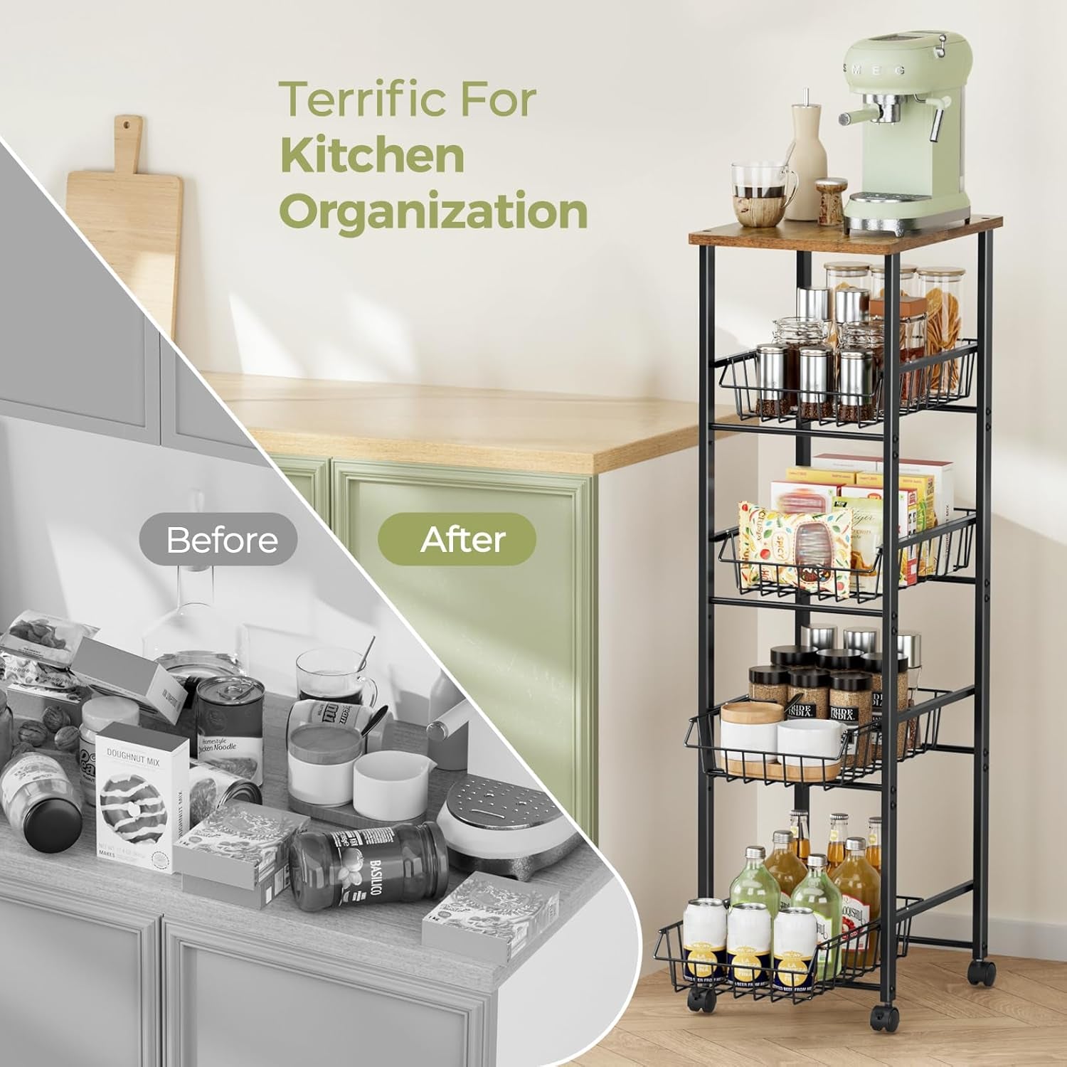 Fruit Vegetable Basket for Kitchen,5 Tier Kitchen Organizer and Storage Cart with Wheels,Slide-Out Baskets and Wood Top,Pantry Storage Cart W11-4/5*D16-7/16*H42-7/16
