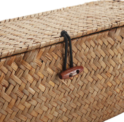Seagrass Storage Basket with Lid Rectangular Small Woven Shelf Baskets with Sections for Organize Snack Toys Tampon
