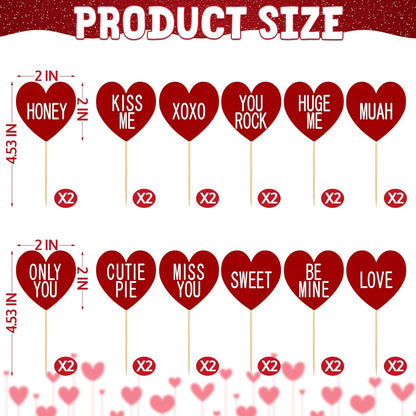 24 PCS Valentines Cupcake Toppers, 4.53 in Conversation Red Cake Toppers, "LOVE" "KISS ME" Design Heart Cupcake Toppers Valentines Day Cake Toppers, Wedding Cake Decor Valentine Cupcake Decorations