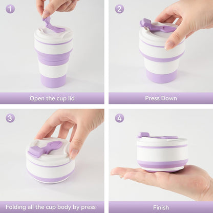 12Oz Collapsible Cup for Traveling, Collapsible Silicone Travel Cup for Hot and Cold Drinks, Leak Proof Silicone Folding Travel Coffee Mug for Camping & Hiking, BPA Free Purple