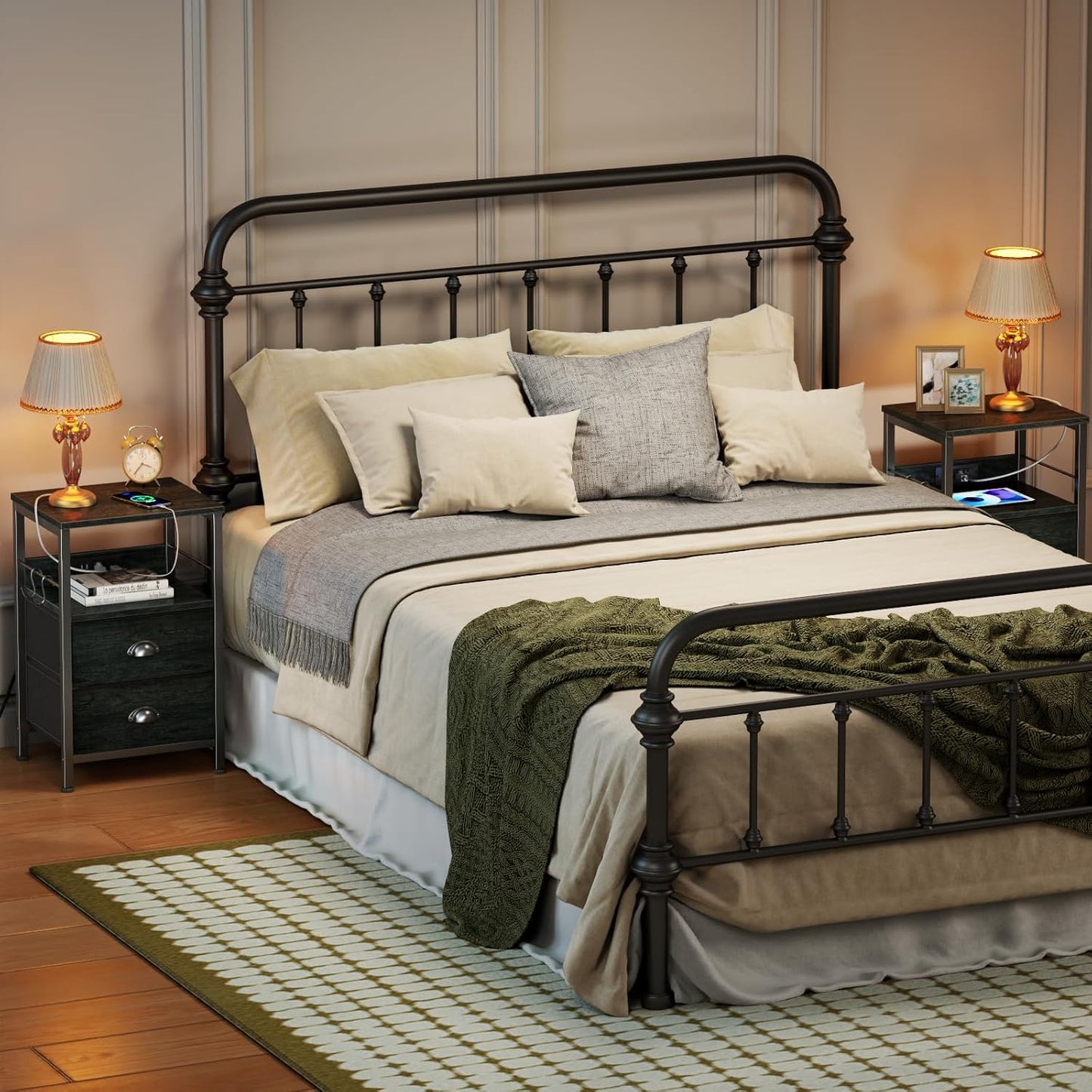 Nightstand Set of 2, Black Oak, with Charging Station and USB Ports, Side Tables with 2 Fabric Drawers, Bedside Tables with Storage Shelf & Hooks, for Living Room/Bedroom