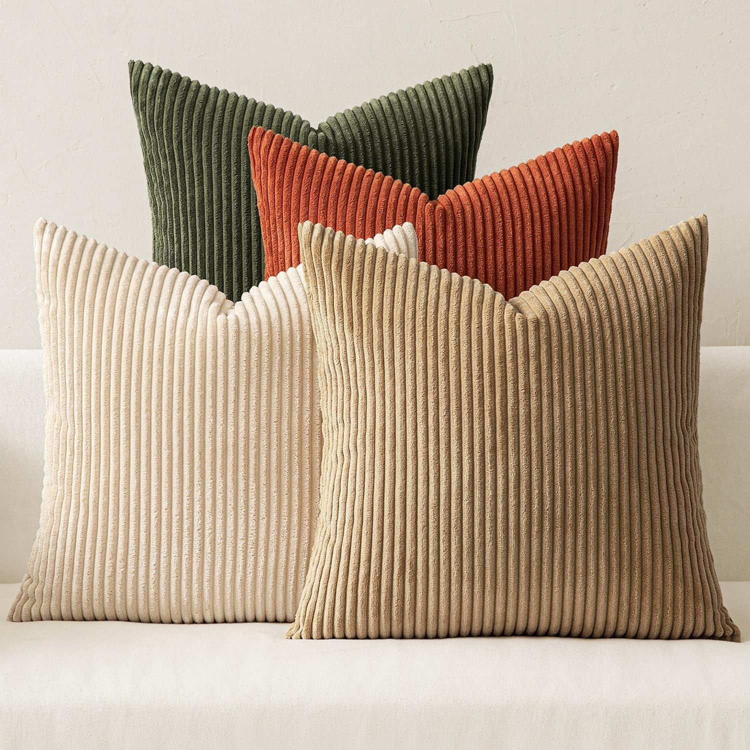 Boho Farmhouse Throw Pillow Covers 18X18 Inch Set of 4 Rustic Modern Neutral Cushion Covers Soft Corduroy Nordic Home Decor for Couch Bed Sofa Living Room Rust-Olive Green