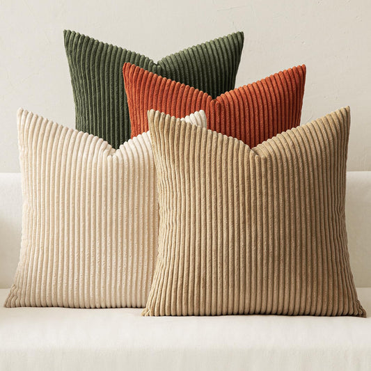 Boho Farmhouse Throw Pillow Covers 18X18 Inch Set of 4 Rustic Modern Neutral Cushion Covers Soft Corduroy Nordic Home Decor for Couch Bed Sofa Living Room Rust-Olive Green